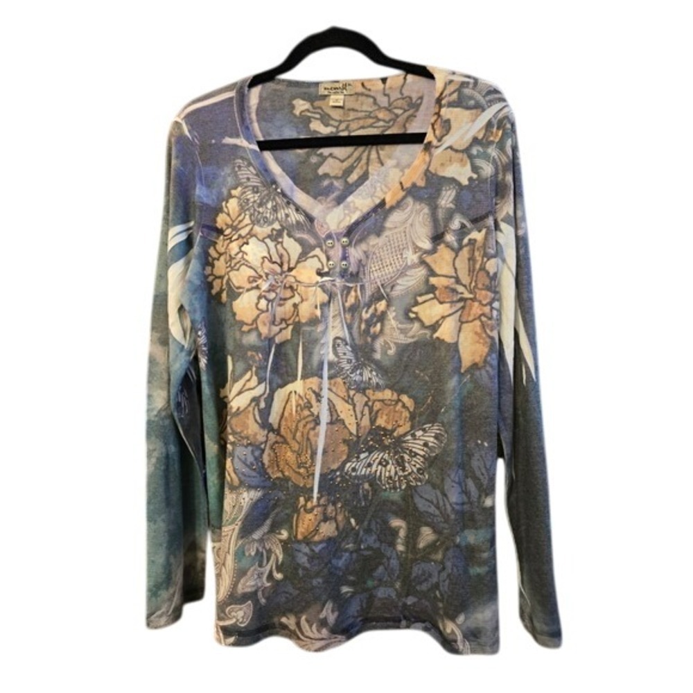 One World Live and Let Live Floral Butterfly Embellished Long Sleeve Top XL